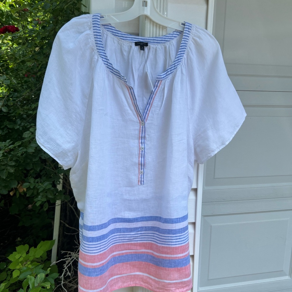 NWT Talbots Pretty White Blue Peach Stripe Short Sleeve Blouse